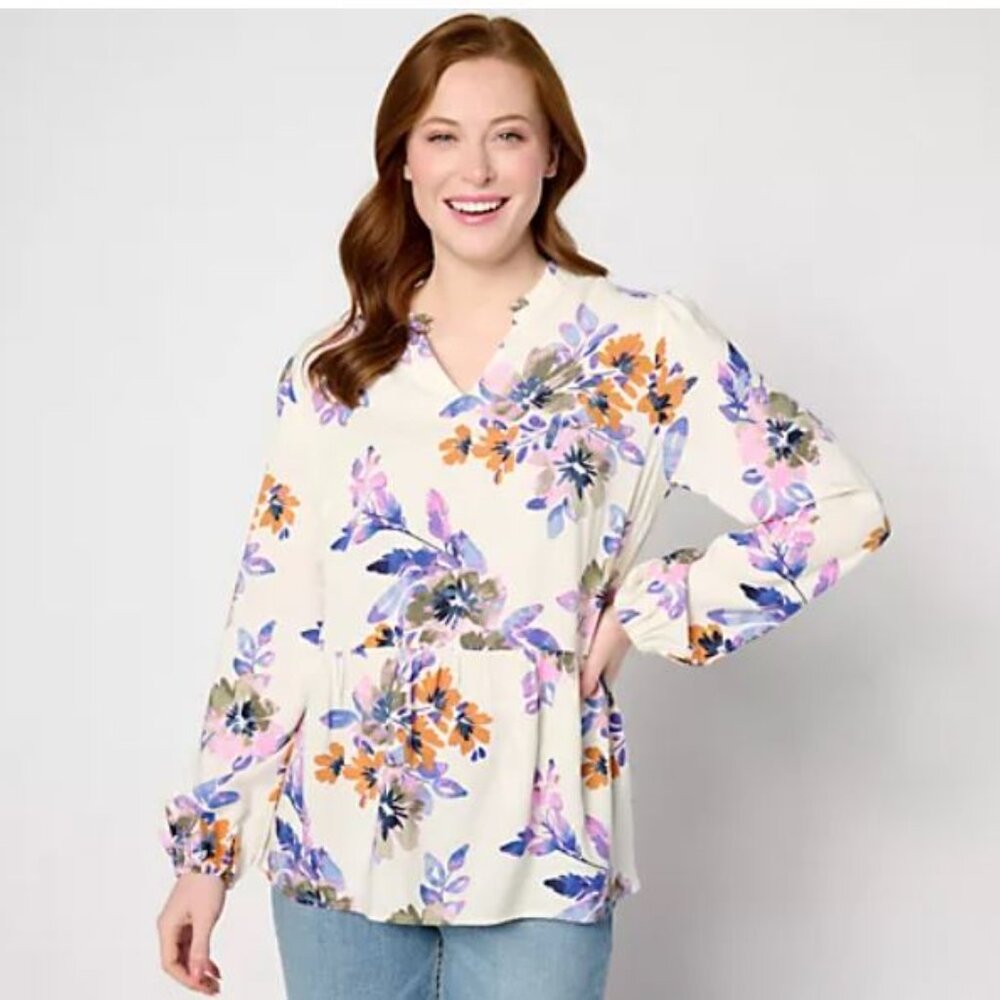 Denim & Co. Printed Blouse with Smocked Cuff-Ivory Floral-S